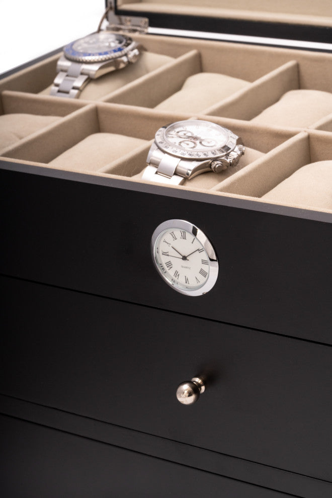 Black Wood 36 Watch Box, Quartz Movement Clock