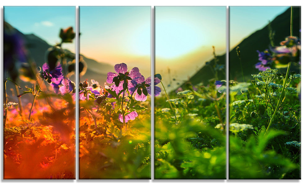 Multicolor Mountains Meadow View, Floral Canvas Art Print, 48"x28", 4 Panels