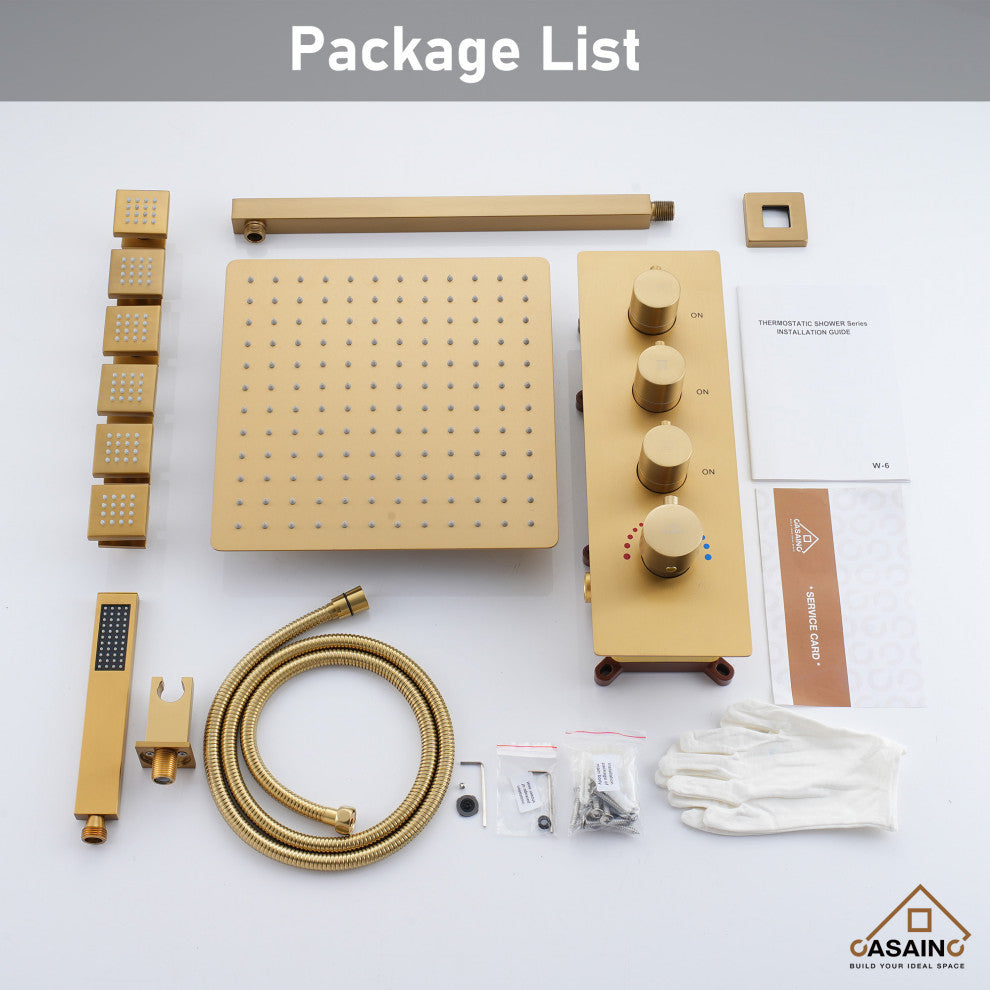 CASAINC 12" Wall Mounted Luxury Shower System Set w 6 Body Jets, Brushed Gold