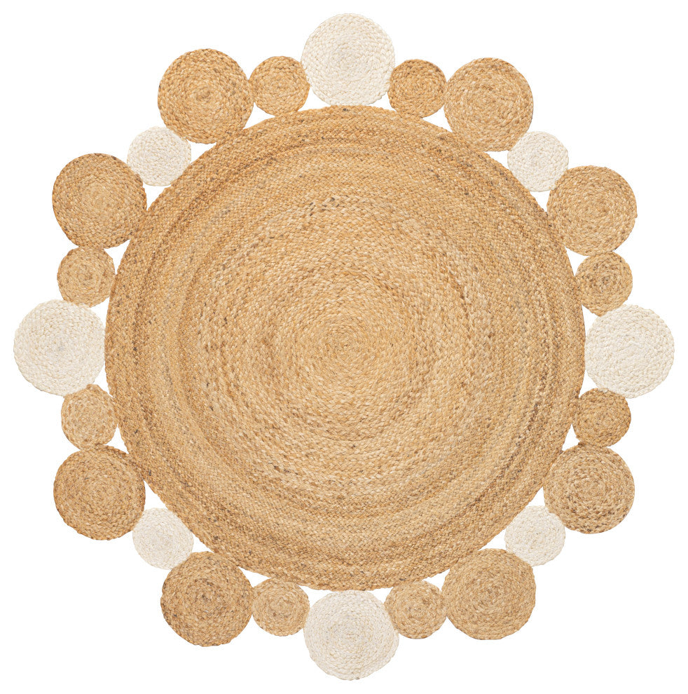 Ayana Two-Tone Jute Hippy Circle Round Area Rug, Natural/Cream, 5' Round