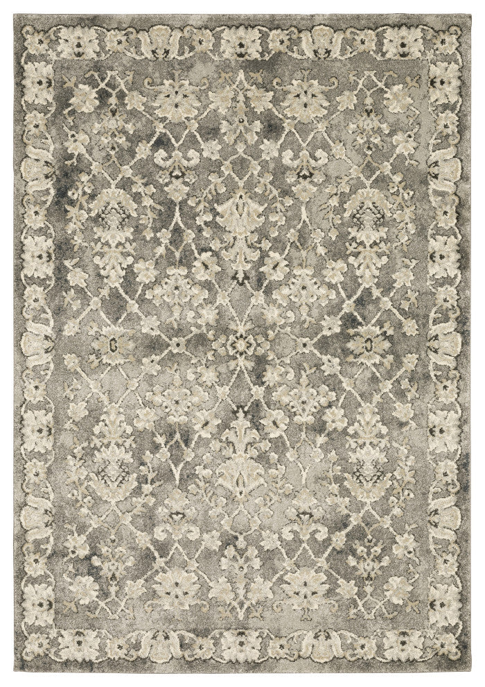Fleming Distressed Floral Panel Grey and Beige Area Rug, 7'10"x10'10"