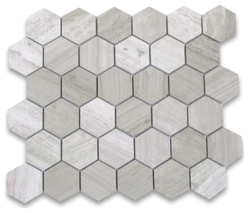 2" Hexagon Athens Silver Cream Haisa Marble Wooden Beige Tile Polished, 1 sheet