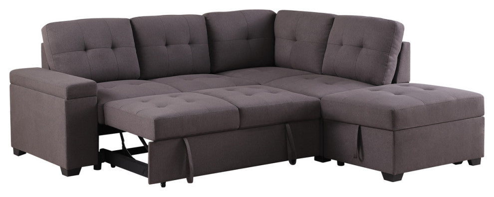 Katie Brown Linen Sleeper Sectional Sofa With Storage Ottoman, Storage Arm