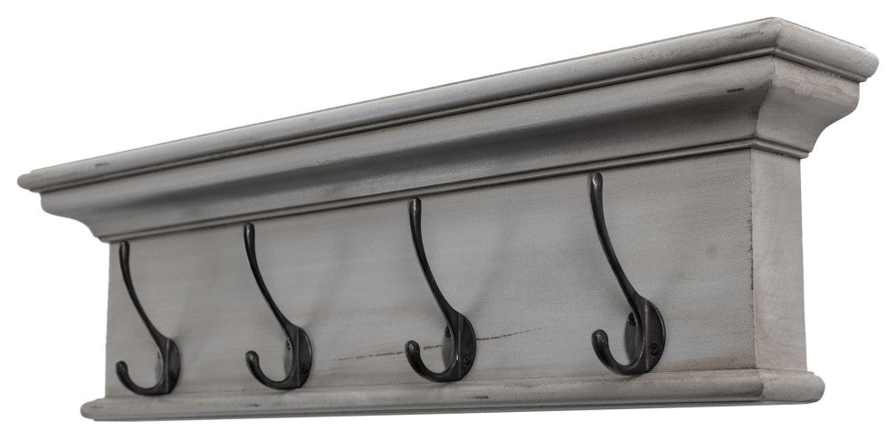 Rustic Antiqued Gray Wood Four Hook Hanging Coat Rack