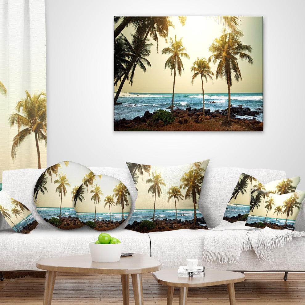 Rocky Tropical Beach With Palms Seashore Throw Pillow, 16"x16"