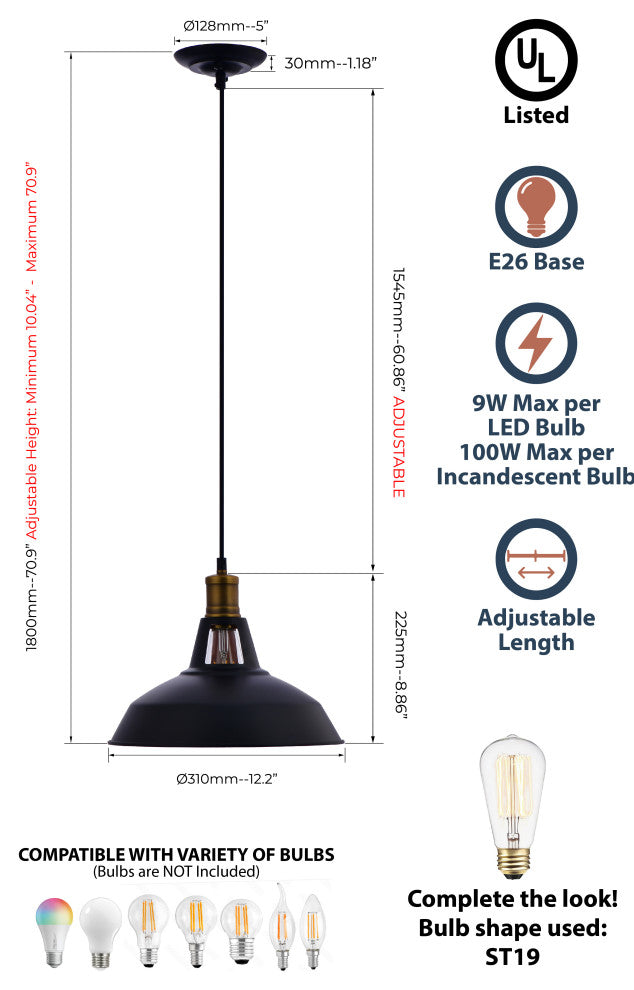 Lazzur Saone 1 Light 12" Matte Black Pendant