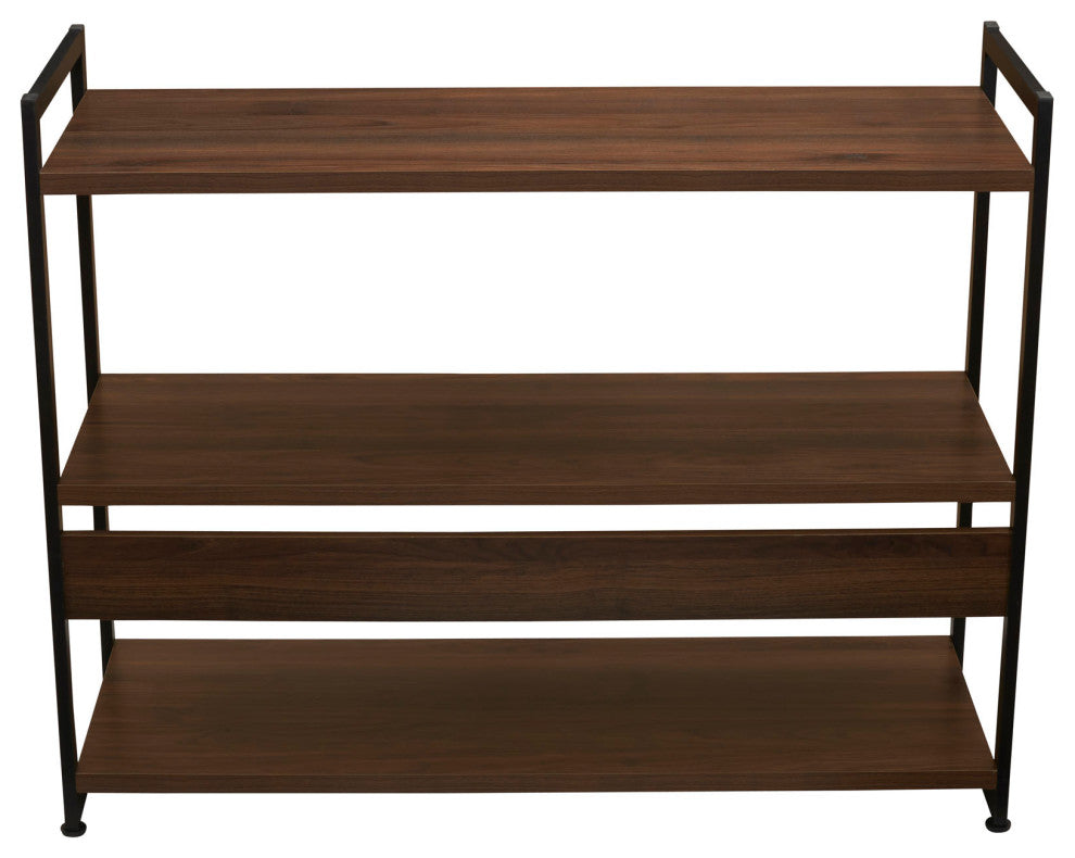 Jamestown Wide 3 Shelf Open Storage Bookshelf Mid Century Walnut, Black Metal
