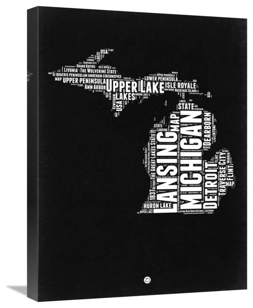 "Michigan Black and White Map" Fine Art Print
