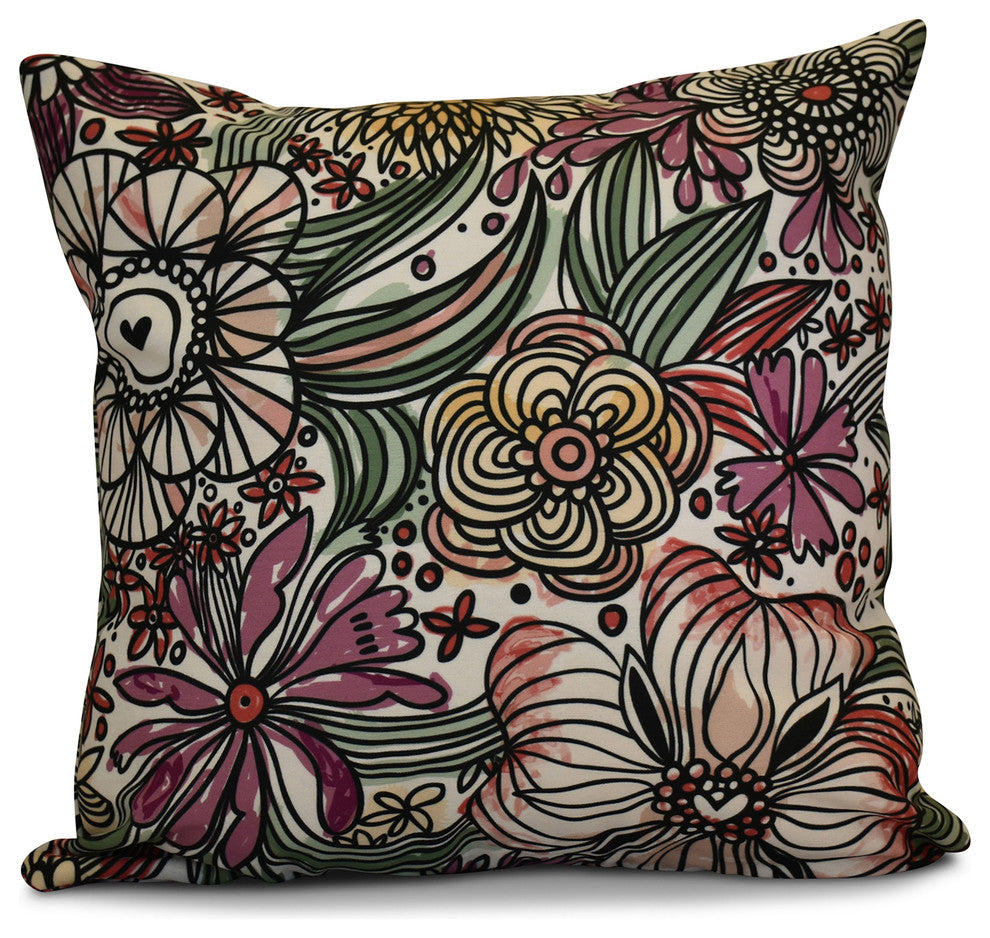 Zentangle Floral Floral Print Pillow, Purple, 18"x18"