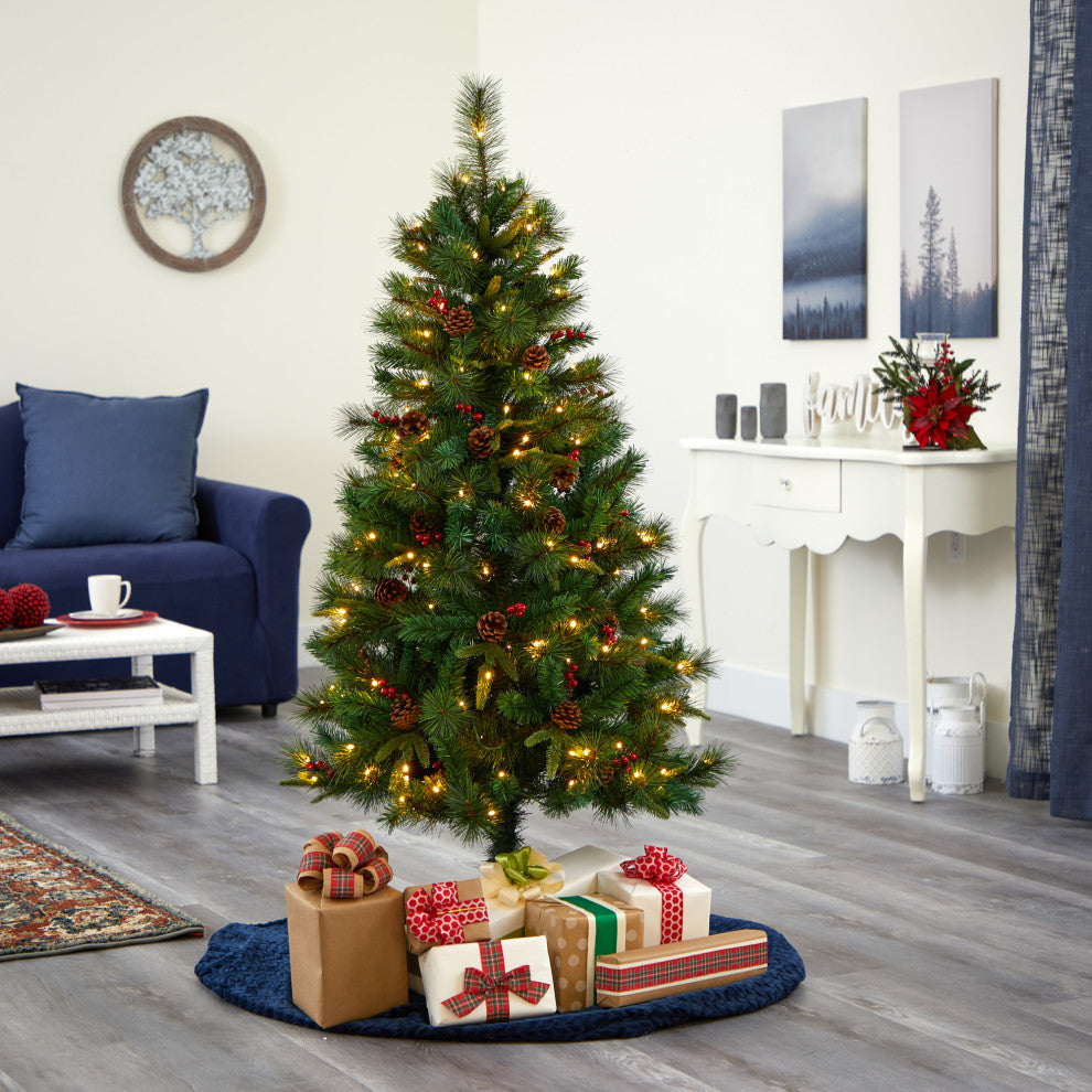 5' Mixed Pine Faux Xmas Tree With 150 Clear LED Lights, Pine Cones and Berries