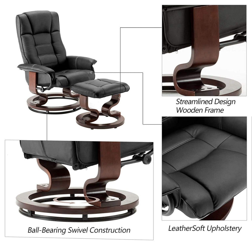 Swivel Recliner Chair with Ottoman in Faux Leather and Padded Armrests, Black