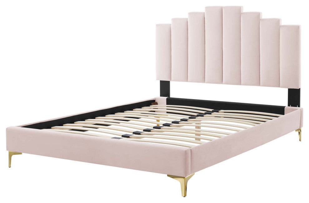 Platform Bed Frame, Full Size, Velvet, Pink, Modern Contemporary, Bedroom Master