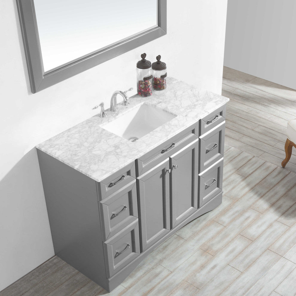 Naples 48" Vanity, Grey With Carrara White Marble Countertop With Mirror
