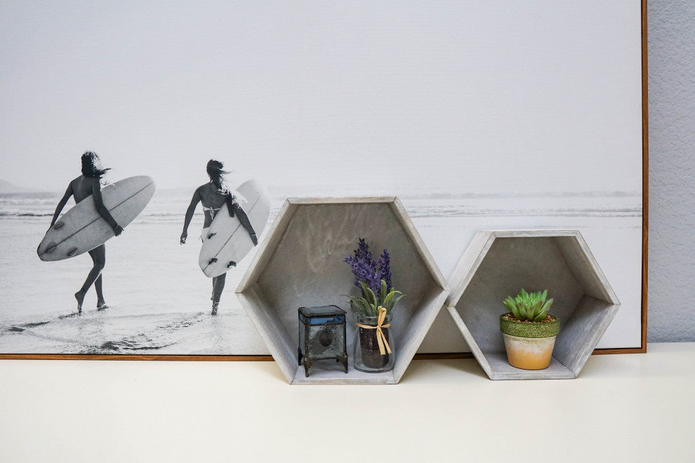 11.8" Gray Wash Hexagon Wood Crate, Set of 3