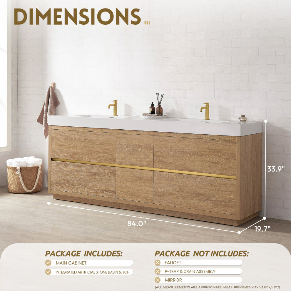 Huesca Bath Vanity, Integrated Sink Top, North American Oak, 84", Without Mirror