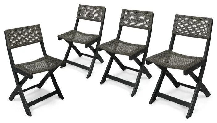 Set of 4 Folding Table, Acacia Wood Frame With Woven Brown Wicker Seat & Back