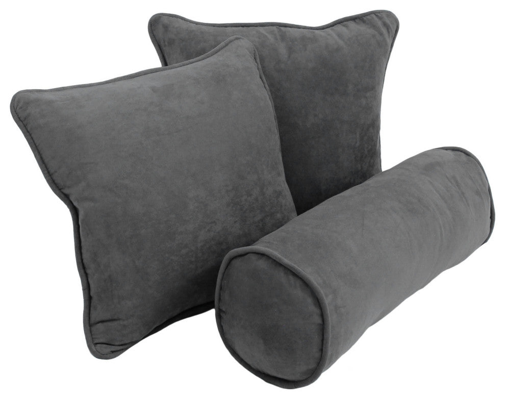 Double-Corded Solid Microsuede Throw Pillows With Inserts, Set of 3, Steel Gray
