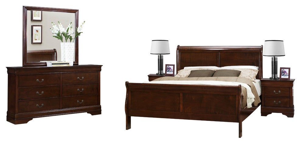 5-Piece Modern Queen Bed, Dresser, Mirror, 2 Nightstand, Burnish Cherry