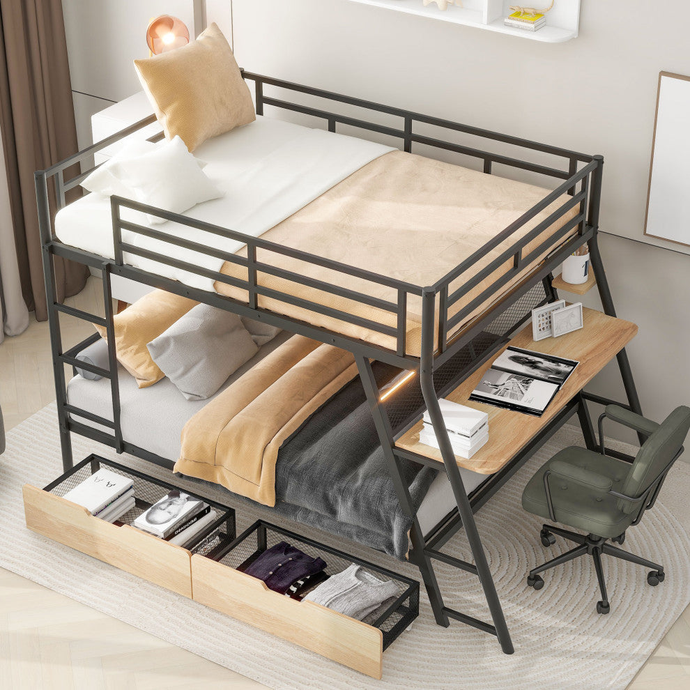 Gewnee Full Size Metal Bunk Bed with Built-in Desk, Light and 2 Drawers, Black