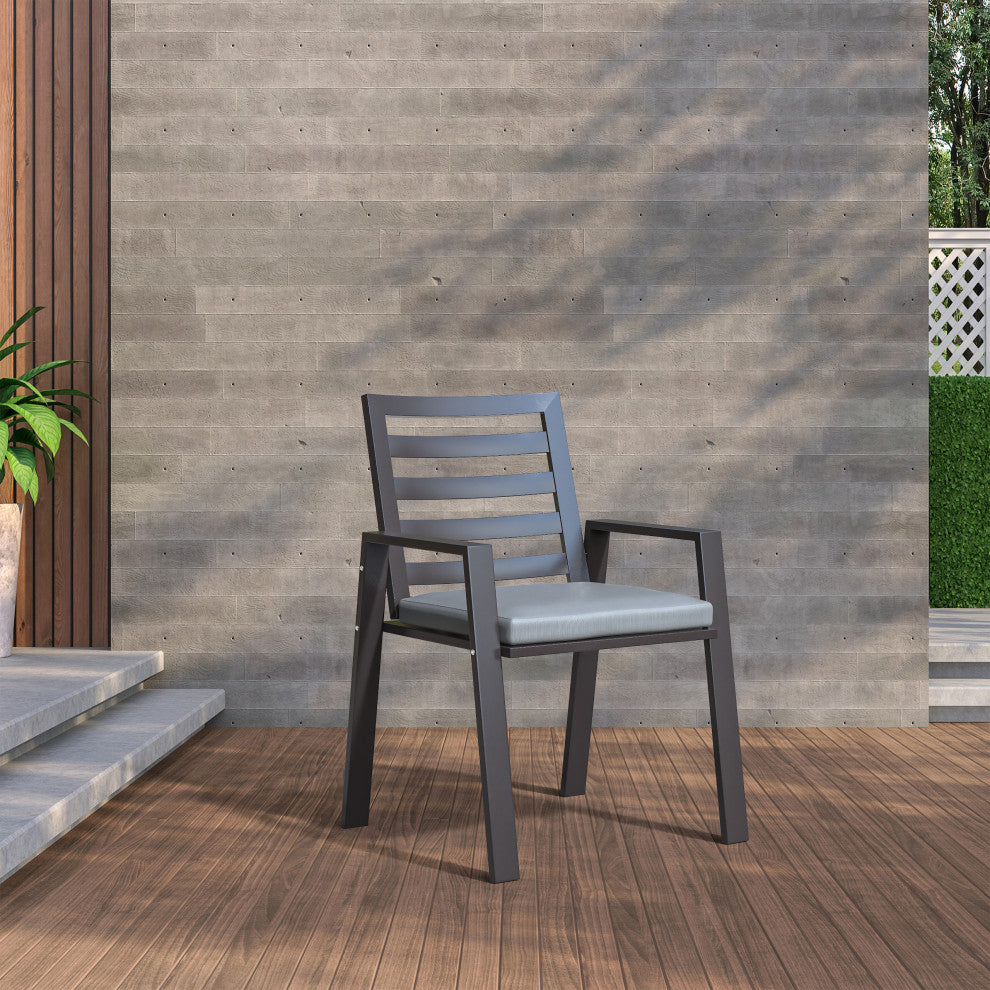 LeisureMod Chelsea Modern 8-Piece Outdoor Dining Set, Black Aluminum, Light Grey