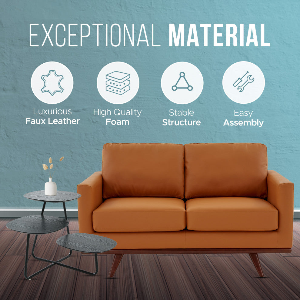 LeisureMod Chester Modern Leather Loveseat With Birch Wood Base, Cognac Tan