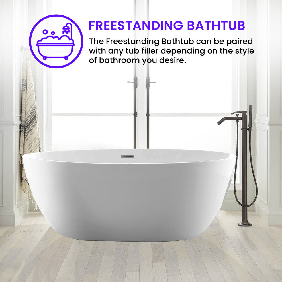 59"x32" Acrylic Freestanding Soaking Bathtub, White/Classic Chrome