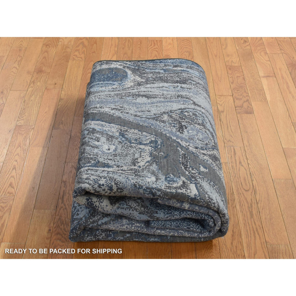 Blue, Geological Design, Wool and Pure Silk, Hand Knotted Rug, 6'x9'2"
