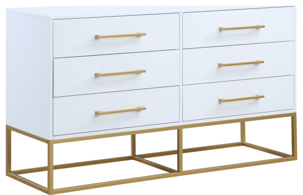 Maxine Wood Dresser With Durable Brushed Gold Metal Base, Rich White Finish