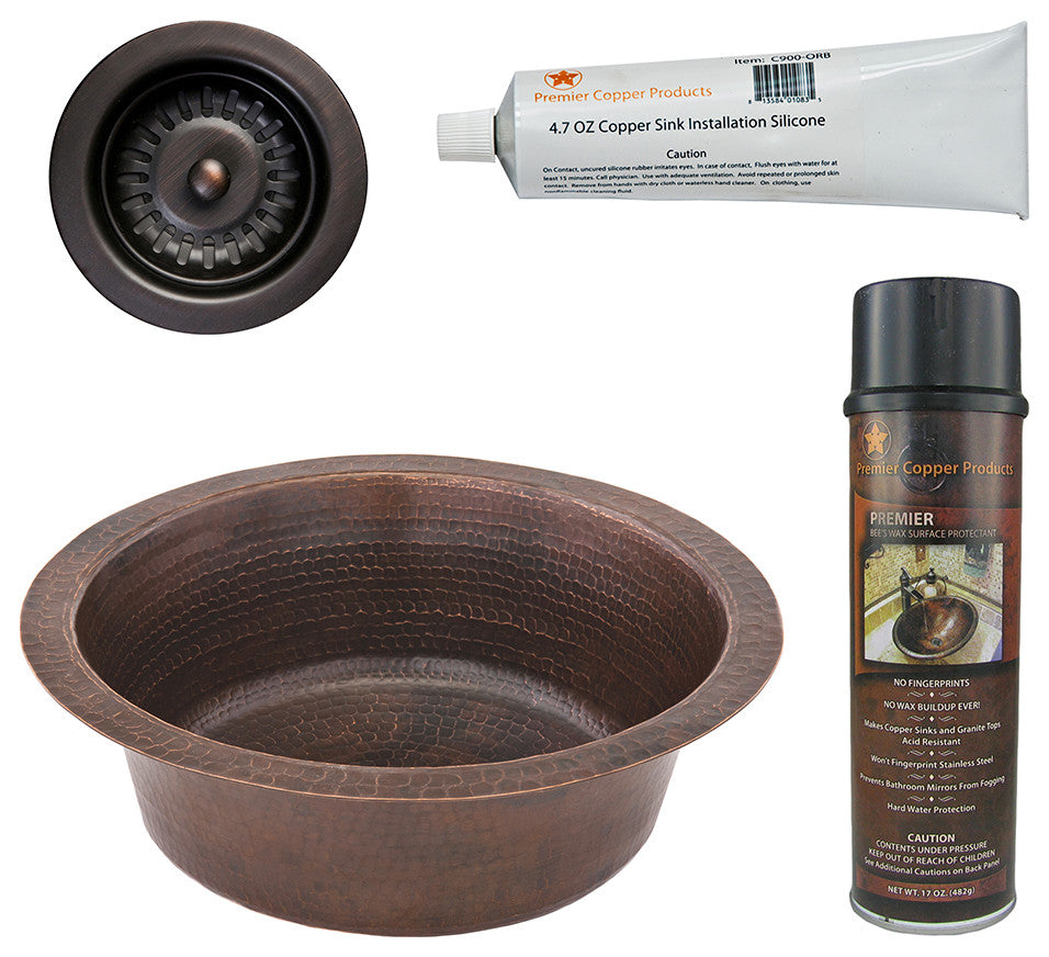 14" Round Hammered Copper Prep Sink, 3.5" Drain Opening, Drain & Accessories