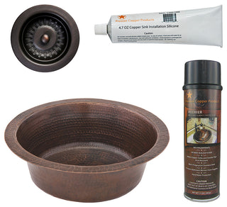 14" Round Hammered Copper Prep Sink, 3.5" Drain Opening, Drain & Accessories