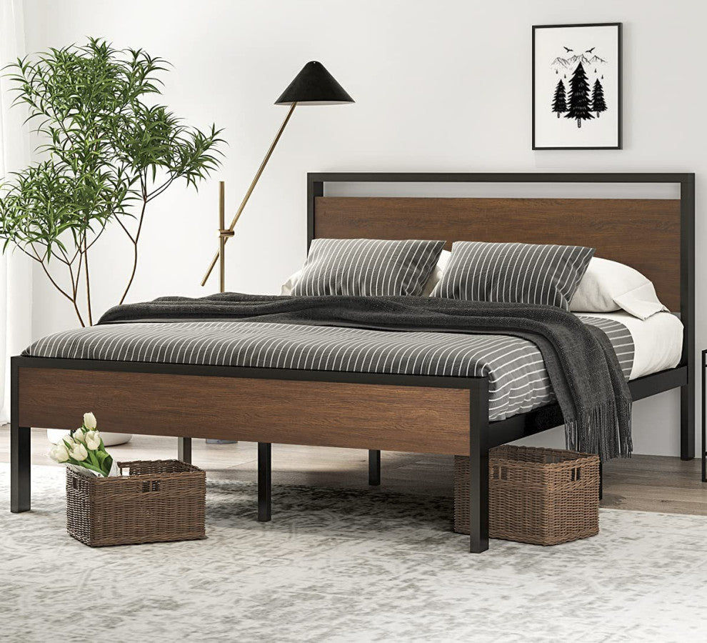 14 Inch Queen Size Metal Platform Bed Frame with Wooden Headboard and Footboard