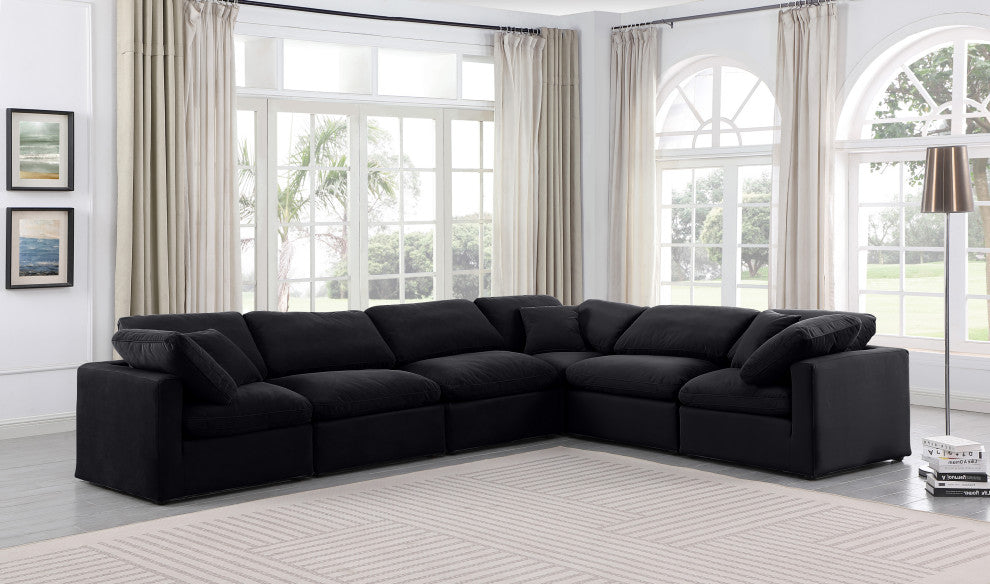 Indulge Upholstered Modular L-Shaped Sectional, Black, 6-Piece: 3 Armless Chair, 3 Corner Chair, Down Stuffed Velvet