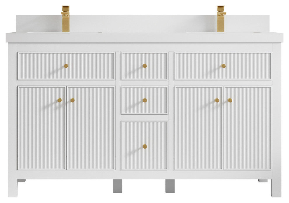 Sonoma 60 Double Sink Reeded Bathroom Vanity in White 2" White Quartz
