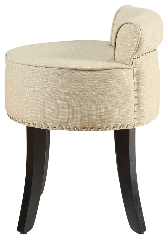 Ludovic Linen Contemporary Nailhead Trim Rolled Back Vanity Stool, Beige