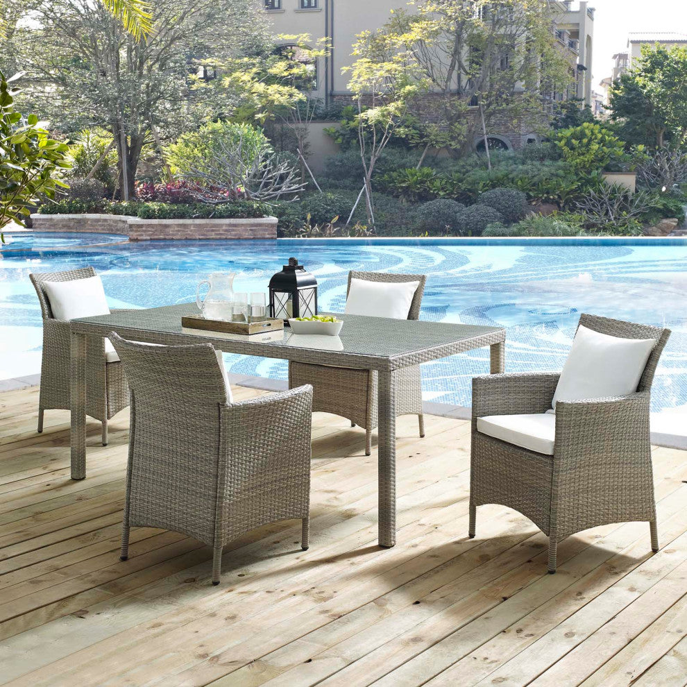 Side Dining Chair and Table Set, Rattan, Wicker, Gray White, Outdoor