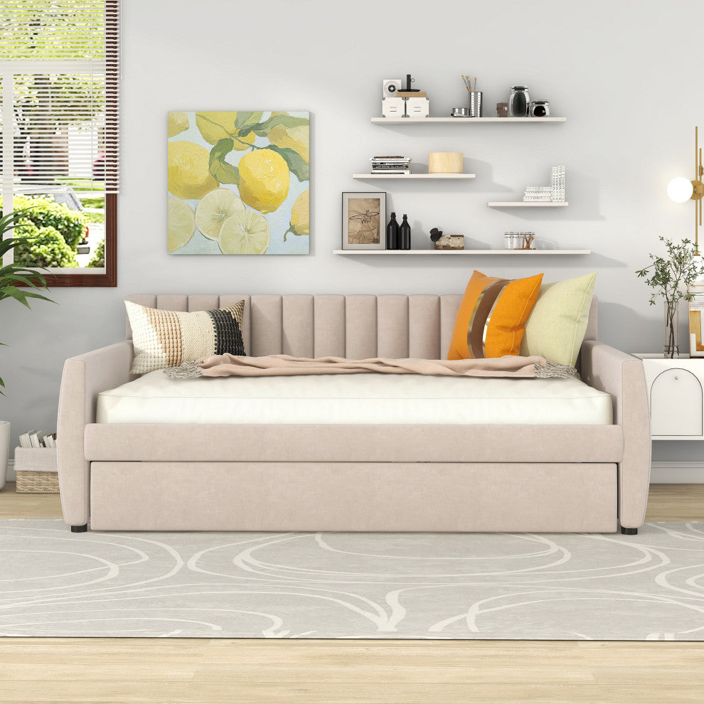 Gewnee Full Size Upholstered Daybed with Trundle,Beige