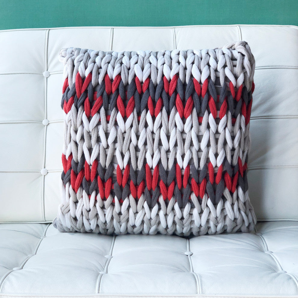 Pillow Decor, Hygge Nordic Chunky Knit Pillow, Red and Gray