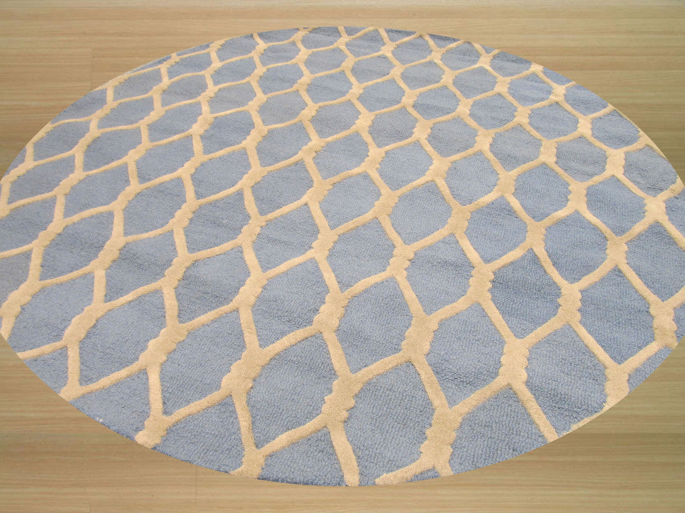 Hand-Tufted Wool Blue Transitional Geometric Chain-Link Rug, 6' Round