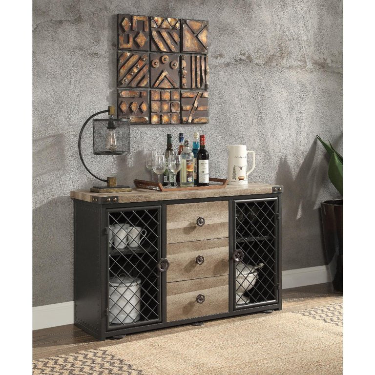 Industrial Sideboard, Mesh Doors & Drawers & Water Valve Knobs, Sandy Black/Oak