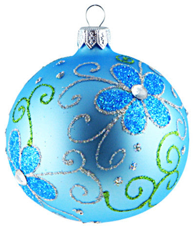 Powder Blue Ball Ornament With Blue Daisies, Large