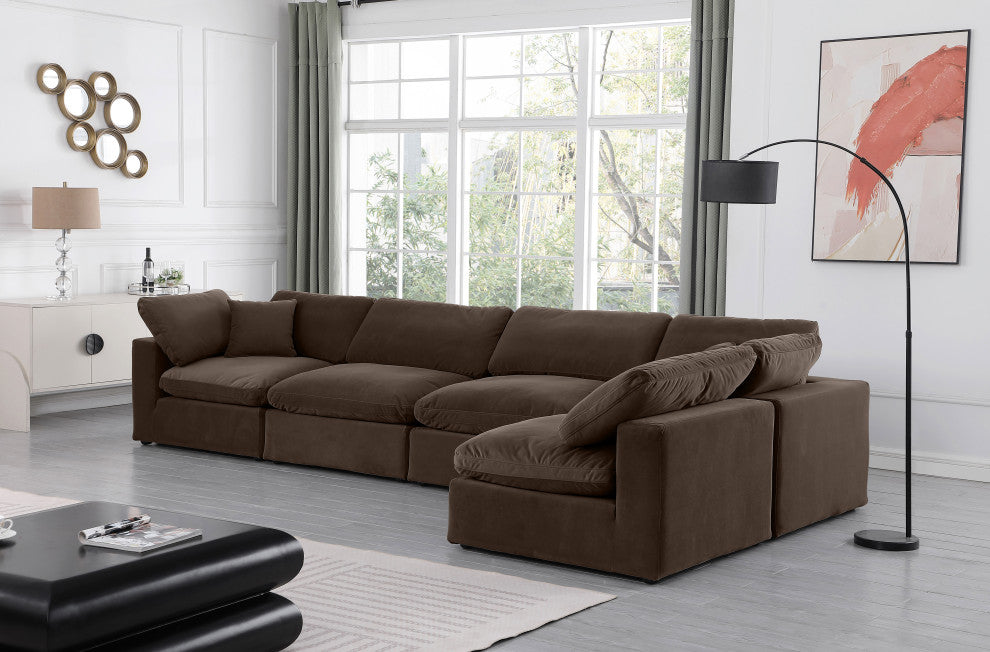 Comfy Upholstered L-Shaped Modular Sectional, Brown, 5-Piece: 3 Armless Chair, 2 Corner Chair, Velvet