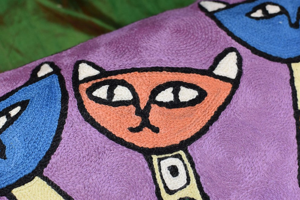 Modern Cats Purple Kitties Triplets Accent Pillow Cover Handmade Wool 18x18"