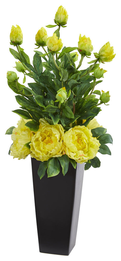 Nearly Natural Peony Artificial Arrangement in Black Vase Yellow