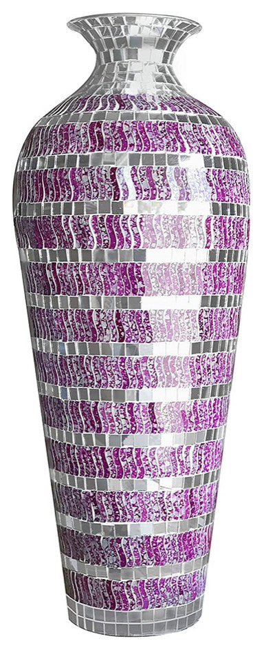 Metal Floor Vase with Glass Mosaic in Marbled Magenta Silver Wavy Shape