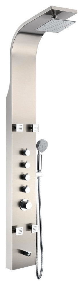 Echo 63.5" 4-Jetted Shower Panel, Heavy Rain Shower, Spray Wand, Brushed Steel