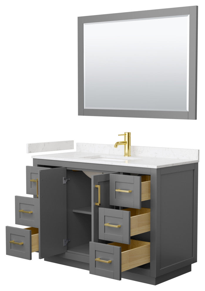 48"SGL Vanity Dark Gray, LV Carrara Cult. Top, Sink, Gold Trim, 46"Mirror