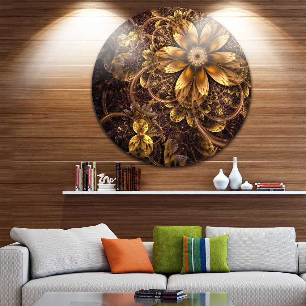 Fractal Dark Yellow Flower, Floral Digital Art Round Metal Artwork, 11"