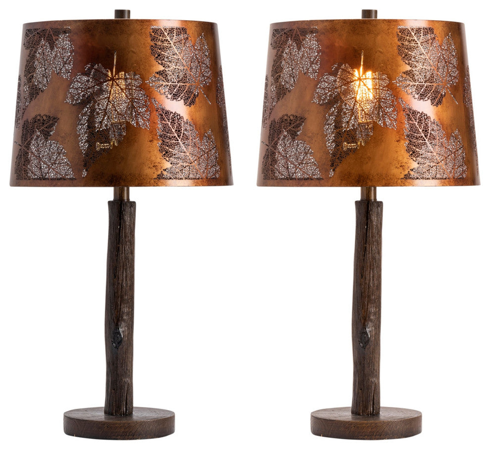 27"H Brown Resin Table Lamps With Bronze Tapered Drum Shade, Set of 2