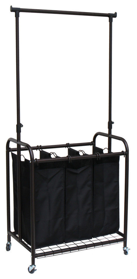 Oceanstar 3-Bag Rolling Laundry Sorter with Adjustable Hanging Bar, Bronze