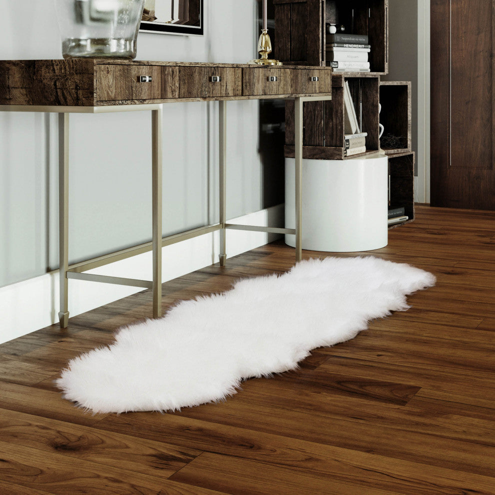 Plush and Soft Faux Sheepskin Fur Shag Area Rug, White, 2' X 6' Shaped